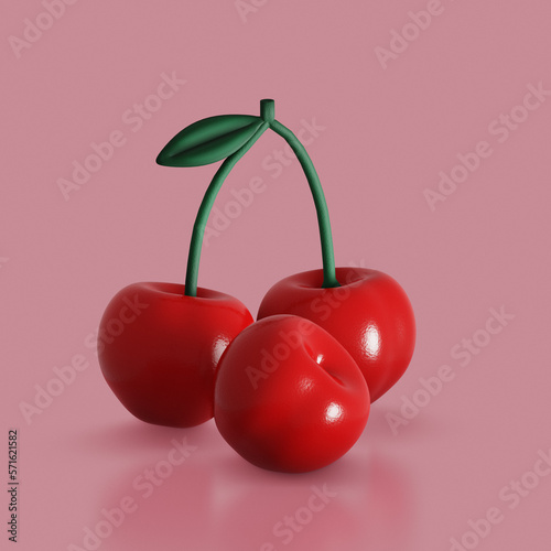 Berry icon. Three ripe red cherries. 3D render