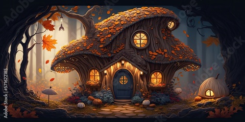 Amazingly adorable mushroom cottage in a magical, autumnal woodland. illustration Art created by AI. Generative AI