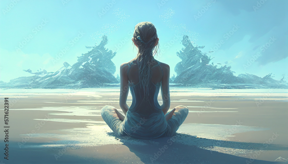 Finding Tranquility, A Woman Meditates by the Ocean. Generative AI