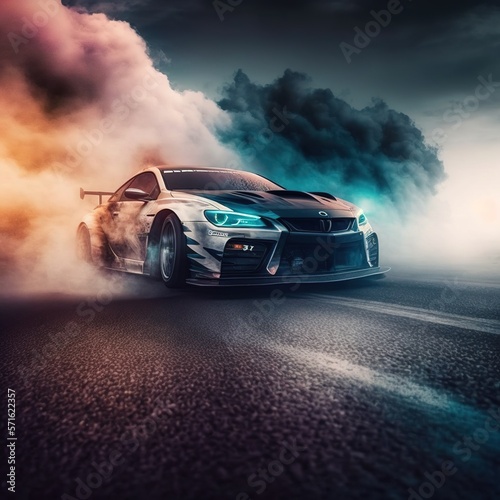 race car crossing the finish line on an international circuit speed track, Blurring of motion On the asphalt main straight racetrack, a racing car crosses the finish line, generative ai © WS Studio 1985