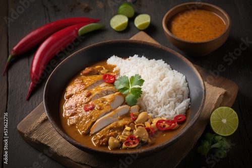 spicy chicken curry with rice,popular Thai food. Generative AI