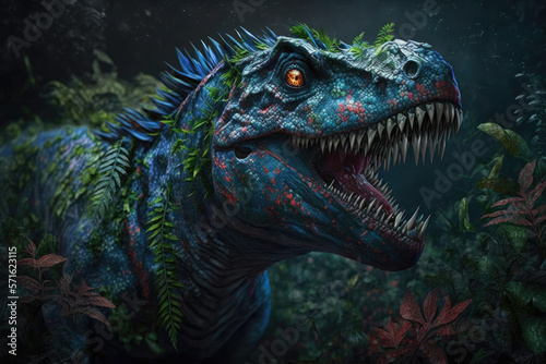 fantasy mix of raptor and t-rex dinosaur in dark forest made by generative ai © Artificial Dream