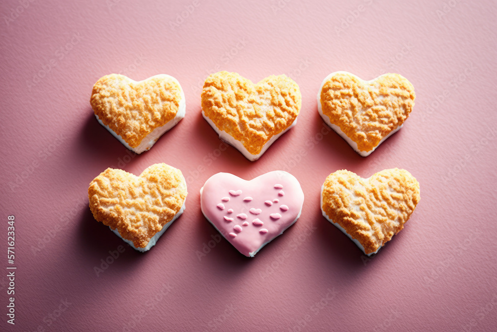 top down close-up of extremely detailed chicken nuggets shaped like hearts made by generative ai top down close-up of extremely detailed chicken nuggets shaped like hearts made by generative ai