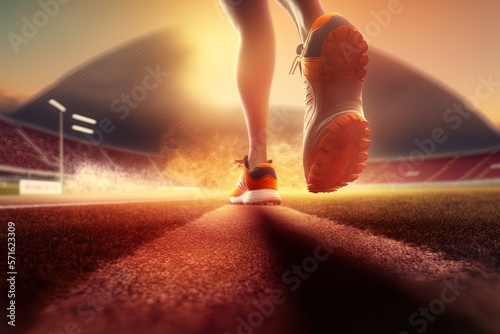 An athlete running on the dirt route at the mountain at sunset. Close up of his feet. Concept: Trail running sport action and human challenge outdoors with fresh air. Generative ai