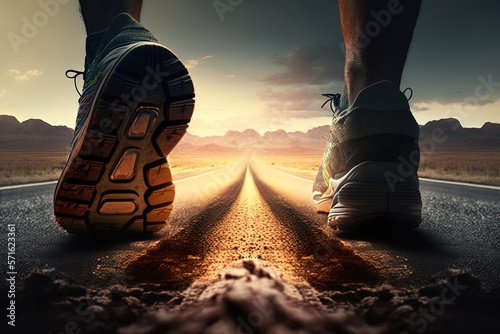 An athlete running on the road at the mountain at sunset. Close up of his feet. Concept: Trail running sport action and human challenge outdoors with fresh air. Generative ai
