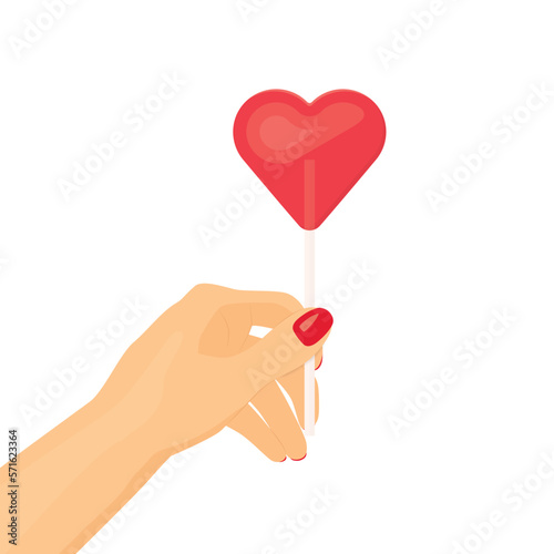 woman hand holding red heart shaped candy Valentine's Day lollipop- vector illustration