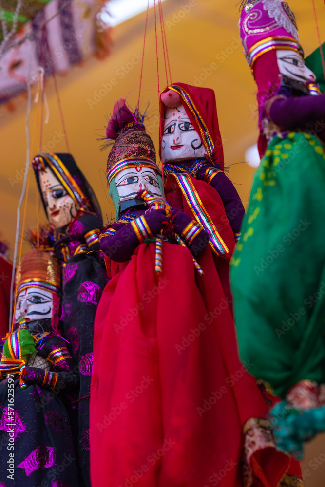 Handmade Puppet, Rajasthani colorful hand made puppet hanging on display.