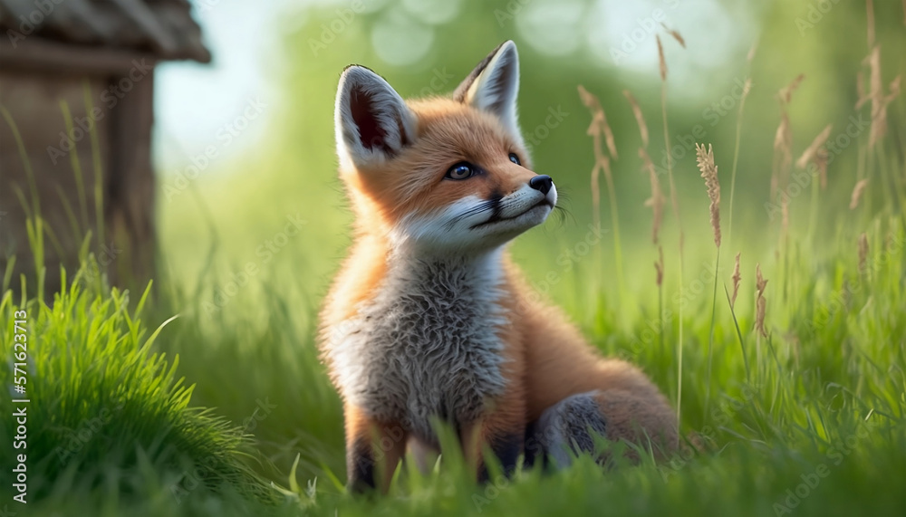 fox cub peacefully sitting on the lawn