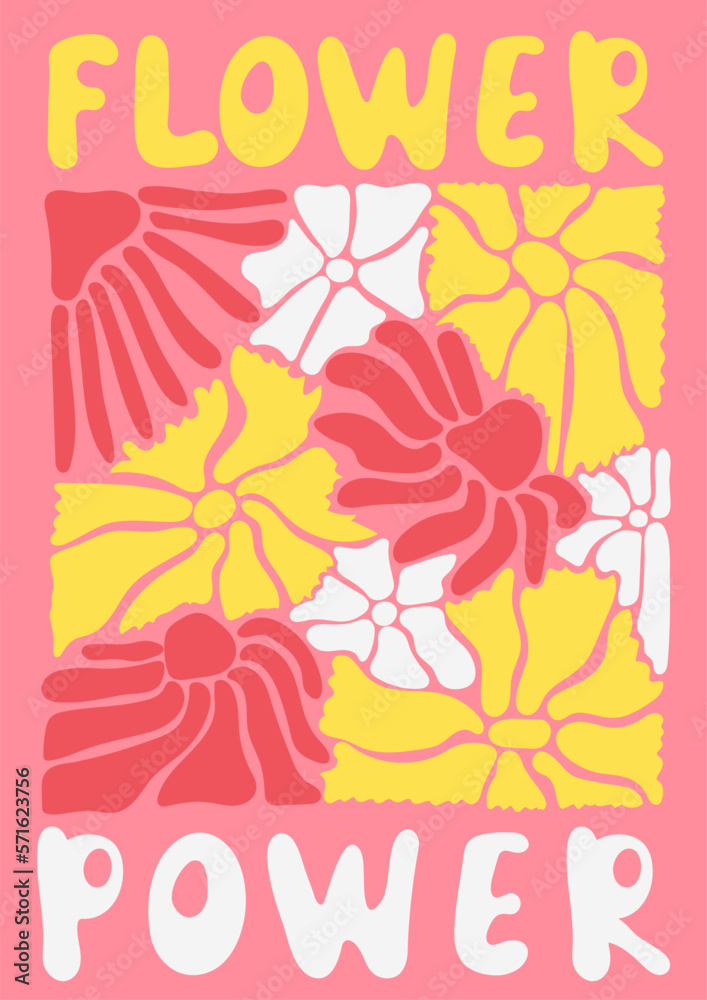 Obraz premium Flower power.Trendy floral retro poster. Abstract blossom print in naive art style. Seventies, groovy background. Decorative contemporary botanical elements. Hippie Aesthetic. Vector