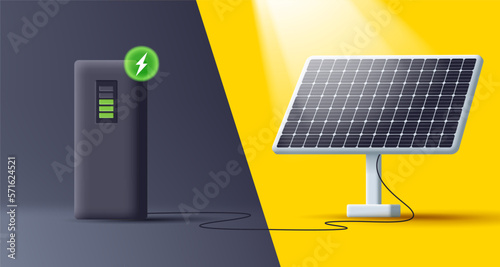 3d solar power station, sun rays panel and energy collector, 3d illustration, render style