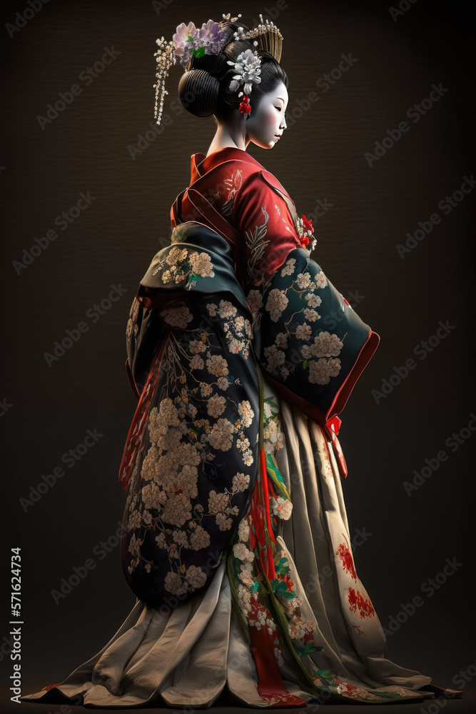 Portrait of beautiful asian woman in geisha luxury dress, generative AI
