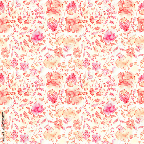 Floral Seamless Pattern with Red  pink  orange flowers  mothers day background. Hand-painted romantic wedding background  textile print  Valentine s Day  mother s day