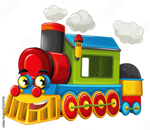 Cartoon funny looking steam train isolated illustration for children photo