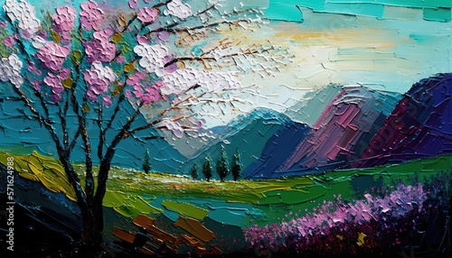 Fictional painting. Spring landscape texture painting illustration, Rough brushstrokes style. Generative AI