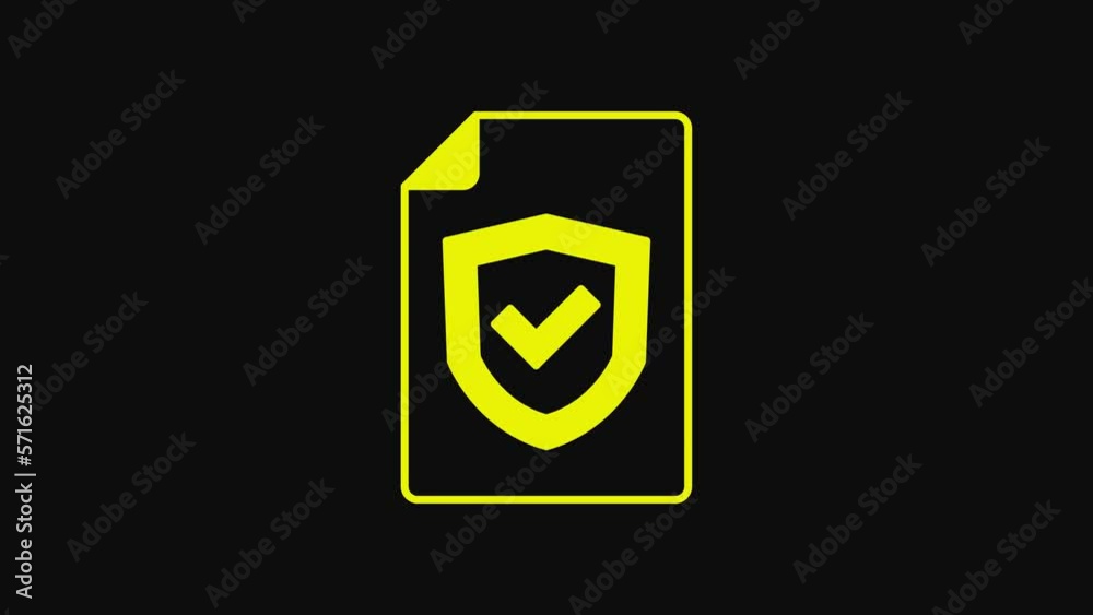 Yellow Contract with shield icon isolated on black background. Insurance concept. Security, safety, protection, protect concept. 4K Video motion graphic animation Yellow Contract with shield icon isolated on black background. Insurance concept. Security, safety, protection, protect concept. 4K Video motion graphic animation