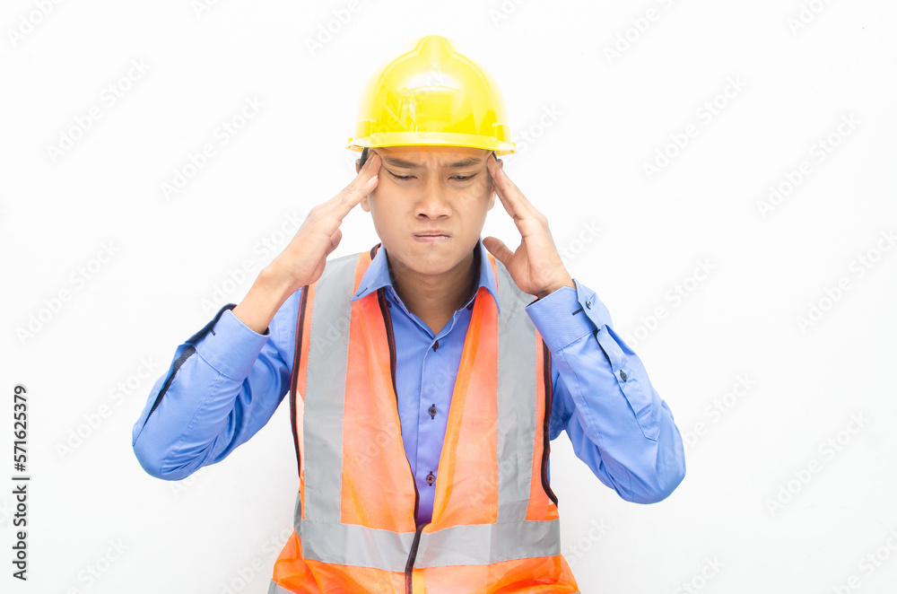 stressed over work concept illustrated by asian male construction worker in blue shirt, orange vest and yellow safety helmet with furious, mad, sad, angry expression. overworked concept stressed over work concept illustrated by asian male construction worker in blue shirt, orange vest and yellow safety helmet with furious, mad, sad, angry expression. overworked concept