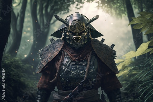  samurai fighter in Japanese armor and a Hidden face , holding a sword,jungle in the background ,Generative ai