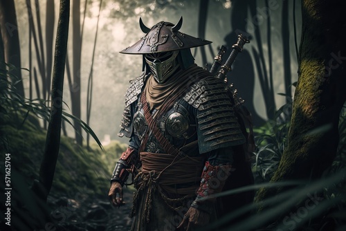  samurai fighter in Japanese armor and a Hidden face , holding a sword,jungle in the background ,Generative ai
