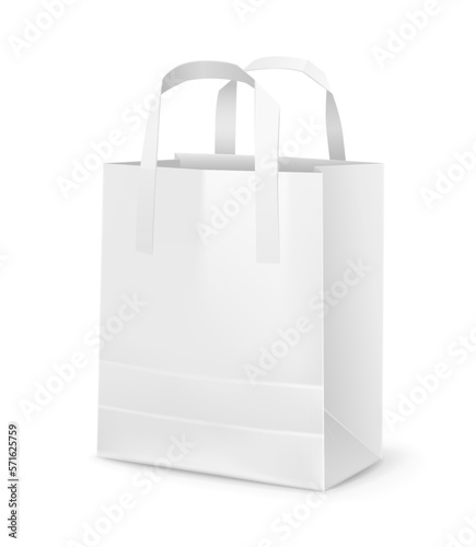 White Paper shopping bag Mockup isolated realistic packaging for supermarket or grocery store. Design on transparent background. With handles. Vector illustration