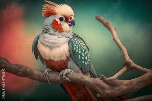 Beautiful red teal cockatiel sitting on a branch, nature background. Generative AI