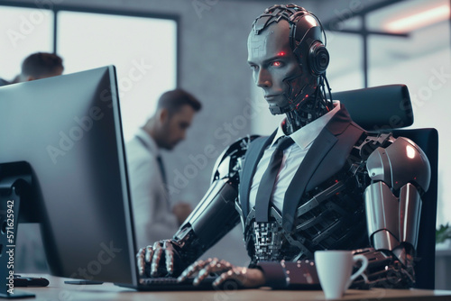 Humanoid robot in a business suit works in the office at the computer. Generative AI © Andrii 