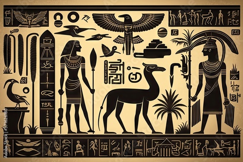 Foto On the walls and columns, there are drawings and hieroglyphs from Egypt
