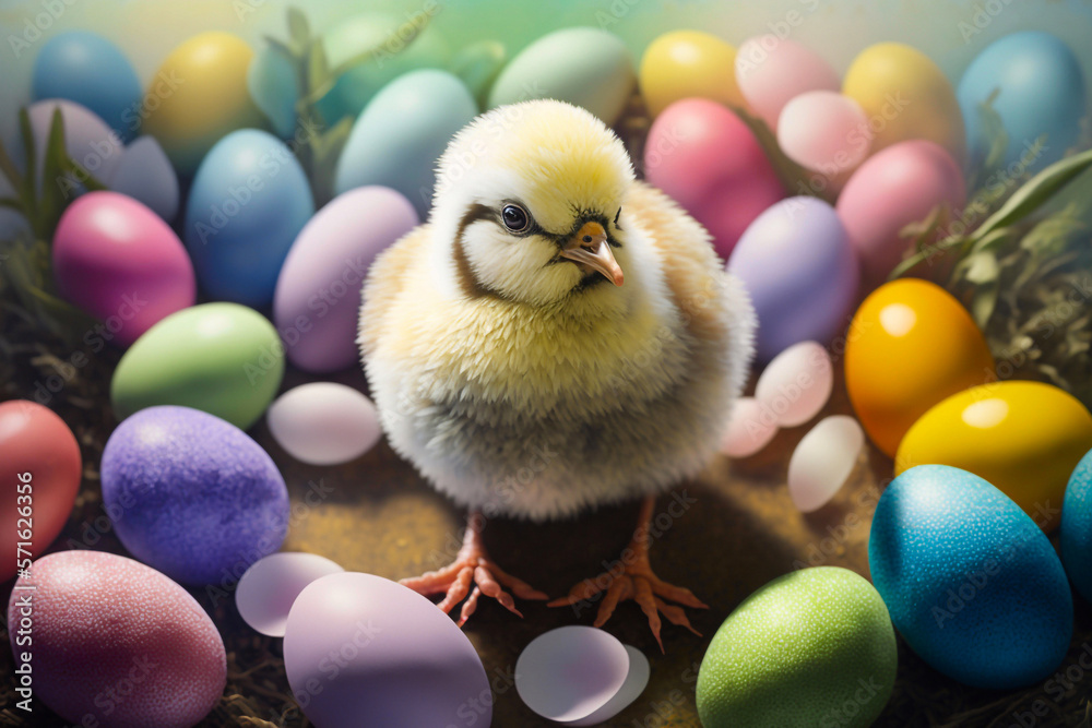 Easter chicken with colored eggs. Generative AI Easter chicken with colored eggs. Generative AI
