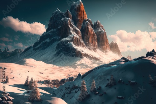 Illustration of epic snowy ultra wide landscape with steep high red mountains, at golden hour. Created by generative AI