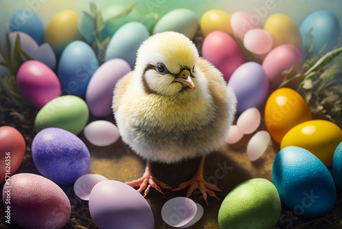 Easter chicken with colored eggs. Generative AI © Andrii 