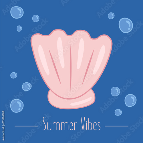 Seashell underwater, summer oyster in cartoon style, marine oceanic life illustration, vector poster, banner with Summer Vibes text.