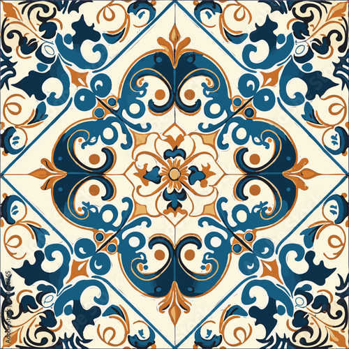 Retro Azulejo Mosaic Tile, Vintage Portuguese Wall Ceramic Seamless Pattern, Old Blue Tiles Background photo