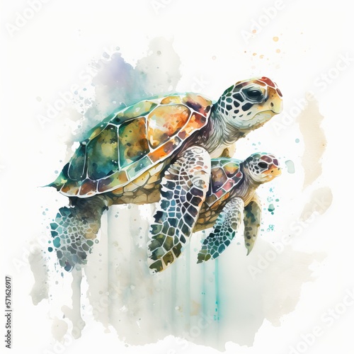 drawing turtles swim light background paint watercolor Generative AI