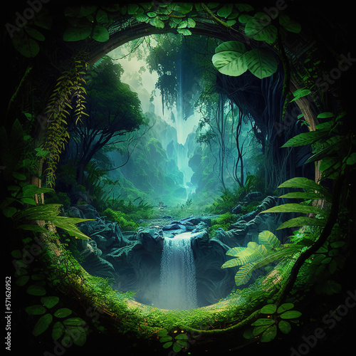 View of a waterfall in a dense rainforest or jungle through a circular cave, Generative art