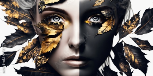 visage de femme au milieu de feuilles noires et dorée, regard perçant, fond blanc - illustration ia photo