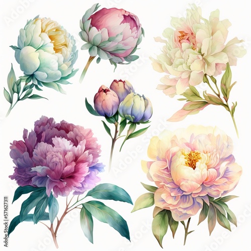 drawing of flowers on a white background peonies watercolor several pieces Generative AI