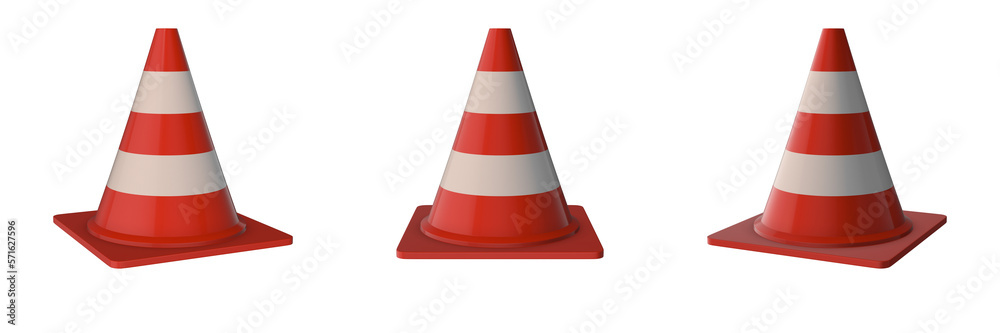 traffic cone, road sign, transparent background, left, front and right view (3d render)