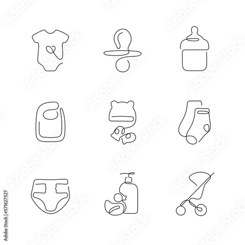Baby garments and accessories artistic style continuous line icons. Editable stroke.