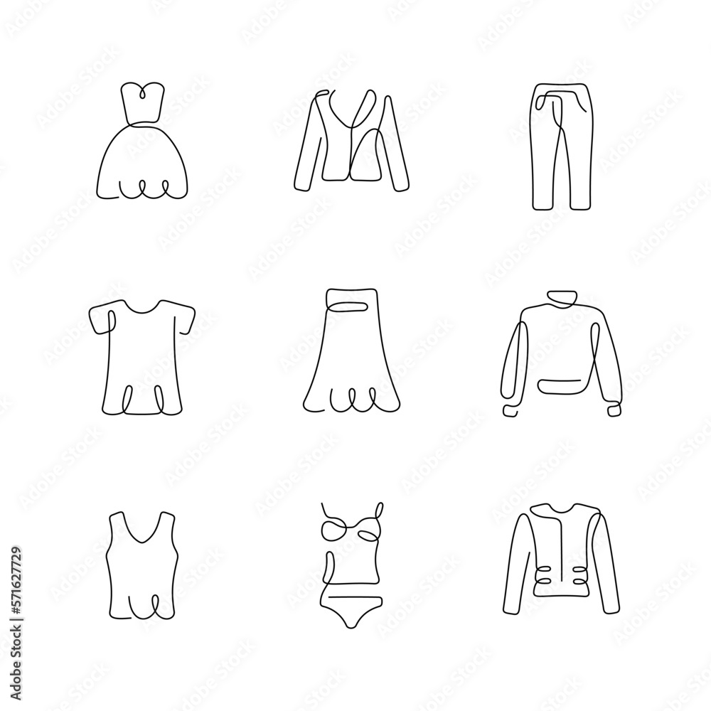 Fototapeta premium Clothes artistic style continuous line icons. Editable stroke.