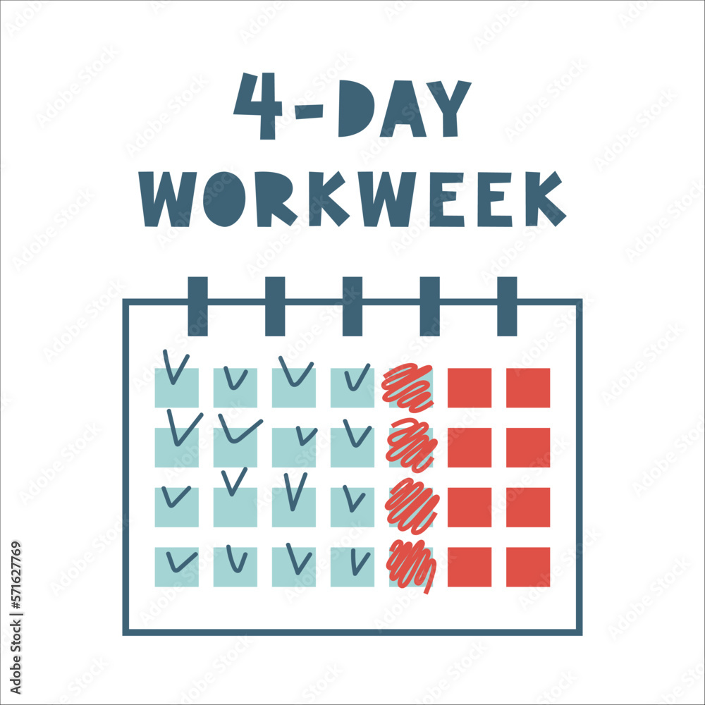 Calendar with 4 day workweek. Friday as a weekend and vacation. Increase efficiency and productivity, reduce time in the office. Flexible timetable for hybrid employees. Vector flat illustration. - obrazy, fototapety, plakaty 