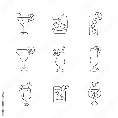 Cocktails artistic style continuous line icons. Editable stroke.