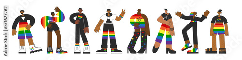Set of black gay people. African american lgbt men with rainbow flag colors and pride symbols. Inclusion, diversity, equality, awareness concept. Vector flat illustration set.