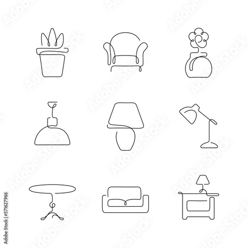 Home decor artistic style continuous line icons. Editable stroke.