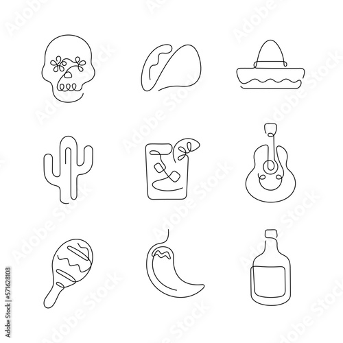 Mexico artistic style continuous line icons. Editable stroke.