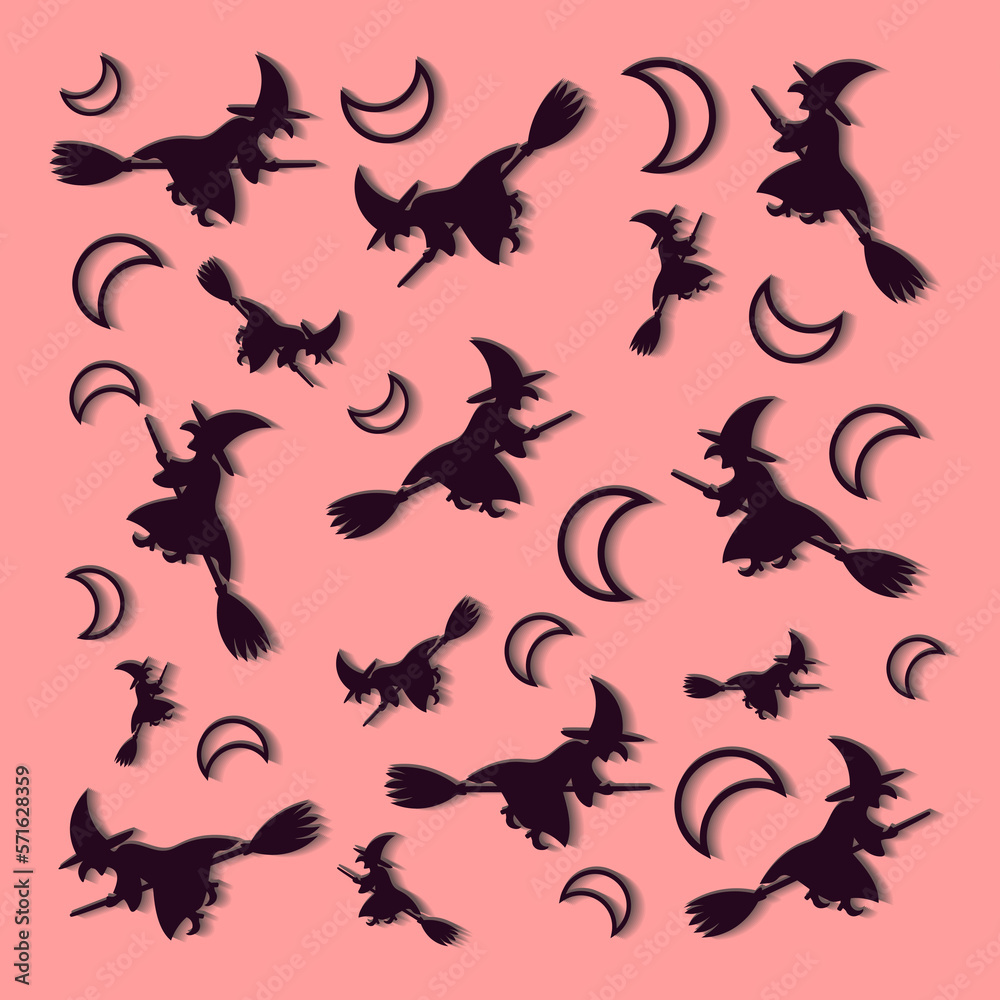 Square Halloween pattern with half moon and flying witches