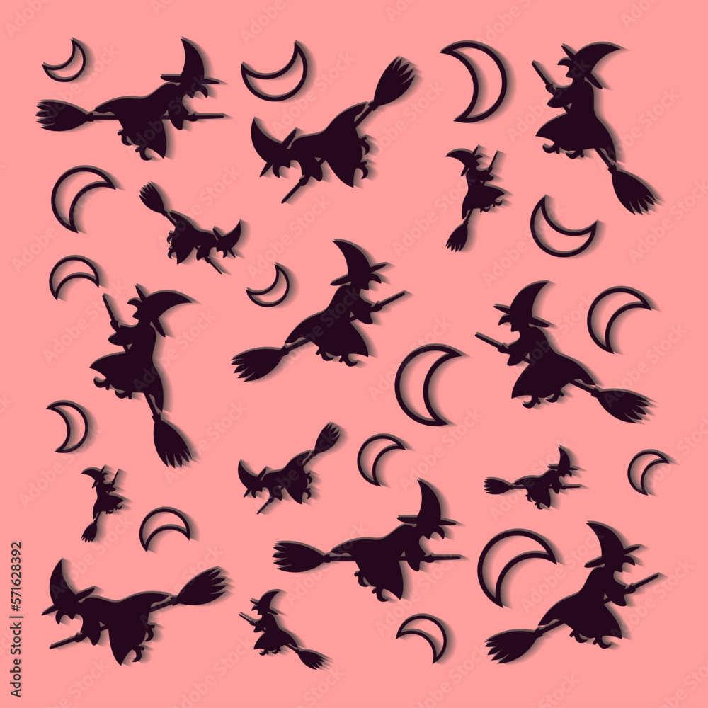 Square Halloween pattern with half moon and flying witches vector Square Halloween pattern with half moon and flying witches vector