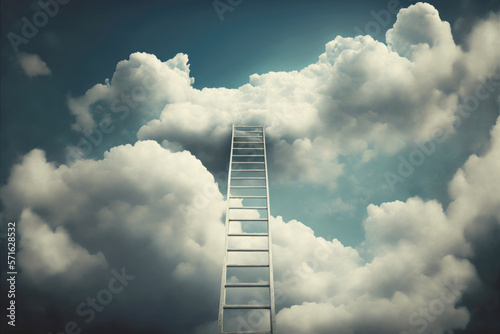 Stairway to heaven. Success  business rise concept. Ladder going up to sky cloud. Generative AI