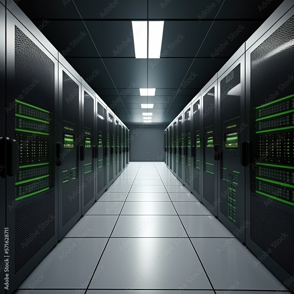 Corridor in a functioning data center full of rack servers and supercomputers with high Internet connectivity, generative ai