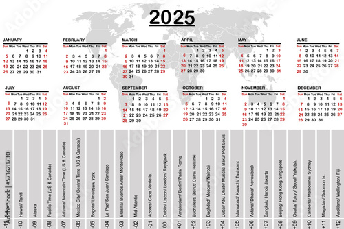 2025 calendar with world map and time zones