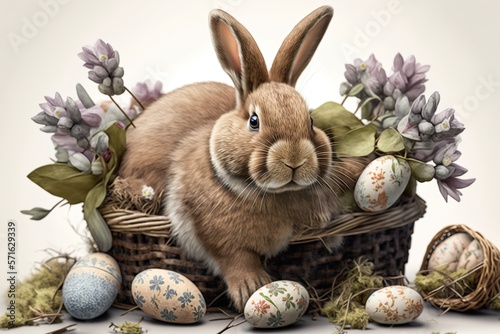 Easter bunny with eggs in a basket, generative ai