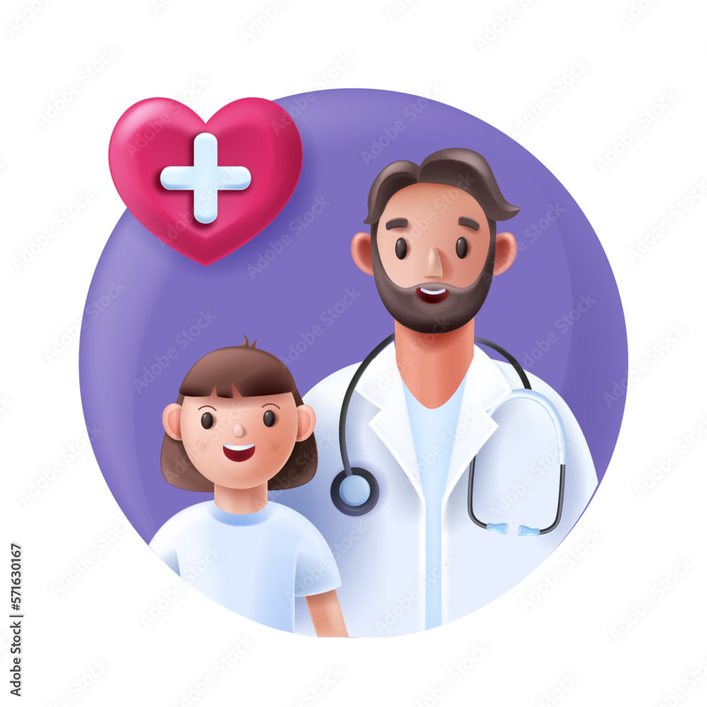 Fototapeta premium 3D pediatrician icon, male children doctor cartoon character, happy patient girl, heart symbol. Family therapist healthcare avatar, cute young female kid stethoscope. 3D pediatrician volunteer concept
